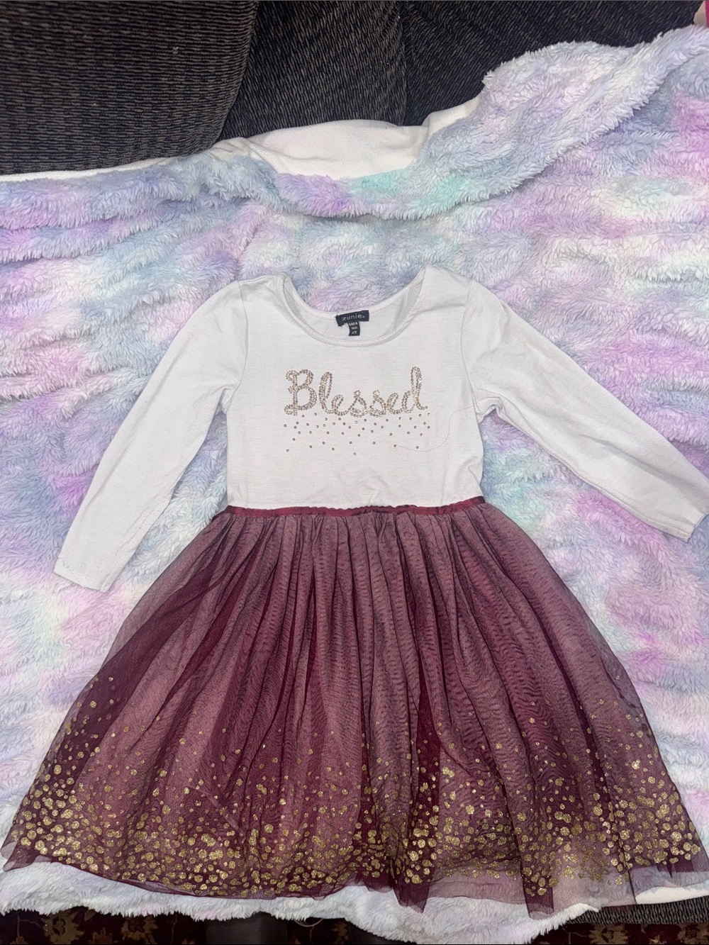 Zunie White Top with Burgundy Tulle Skirt